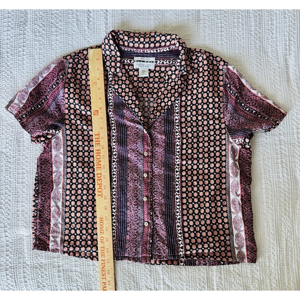 Rachel Zoe Med 100% Linen Boho Tribal Print Short Sleeve Button Up Shirt EUC - Picture 3 of 5